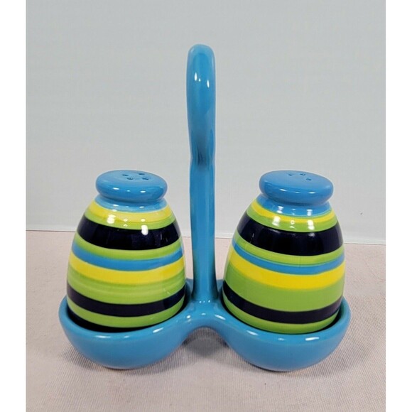 Ceramic Salt & Pepper Shakers with Holder- Blue green yellow multicolor - Picture 1 of 10